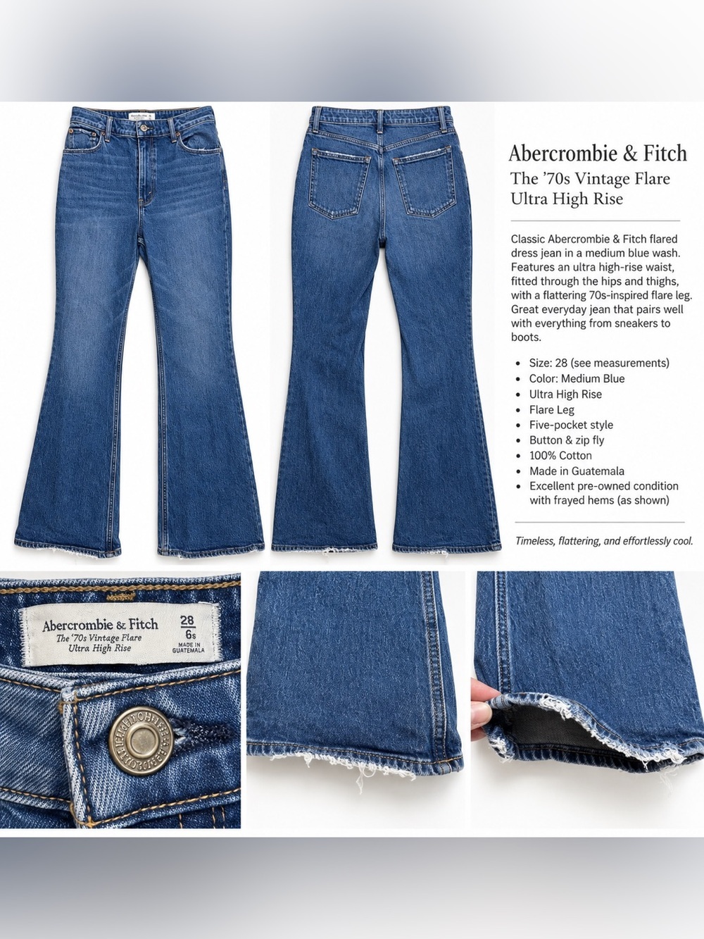 Abercrombie| Ultra High Rise Flare Jeans 70s Raw Hem Medium Wash 28 6S - Picture 3 of 3